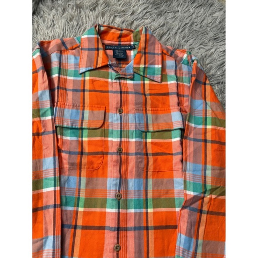 Ralph Lauren Women Size 2 Orange Multicolor Plaid Button Down Shirt 100% Cotton